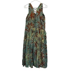 Batik Floral Midi Dress Lace Up Back Bubble Hem Teal Brown Women