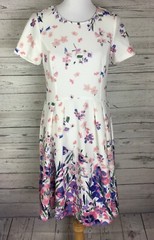 Elle Fit Flare Dress Womens Size M Multicolor Floral Scuba Knit Pleated Back Zip