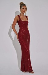 Women Red Maxi Dress Rhinestone Evening Party Long Dress Backless Elegant XS-XL