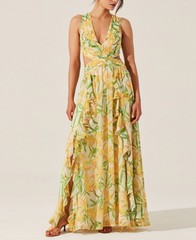 ASTR the Label Noya Floral Cutout Maxi Dress Women&rsquo;s L Yellow Green Back Zip