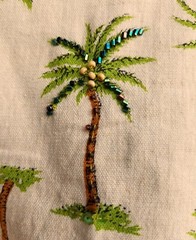 HavenBleu Womens Sundress with Palm Trees on Light Tan, Hand Beaded, Size M