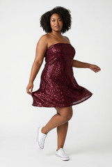 Burgundy Sequin Strapless Fit & Flare Short Dress Plus Size 20 Party Dry Clean