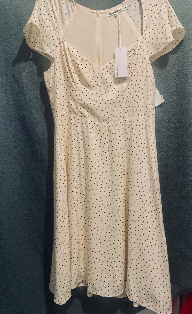 Reformation Novia Polka Dot Flutter Sleeve Dress in Salt and Pepper, Size 10 NEW