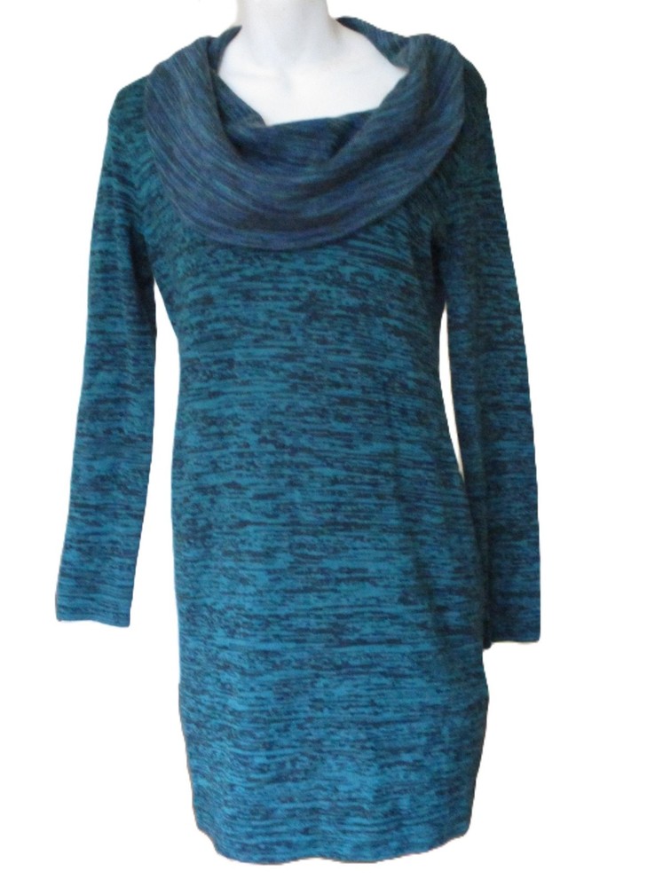 Soft Surroundings Marled Wool Blend Teal Blue Cowl Neck Sweater Dress Tunic MED