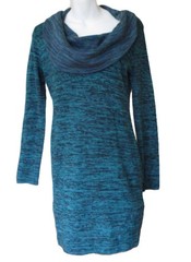 Soft Surroundings Marled Wool Blend Teal Blue Cowl Neck Sweater Dress Tunic MED