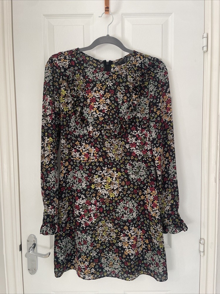 TOPSHOP Black Red Green Floral Flower Long Sleeve Ruffle A-Line Dress 12