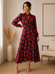 Albaray Mandarin Collar Rose Print Midi Dress RRP £89 Floral BNWT