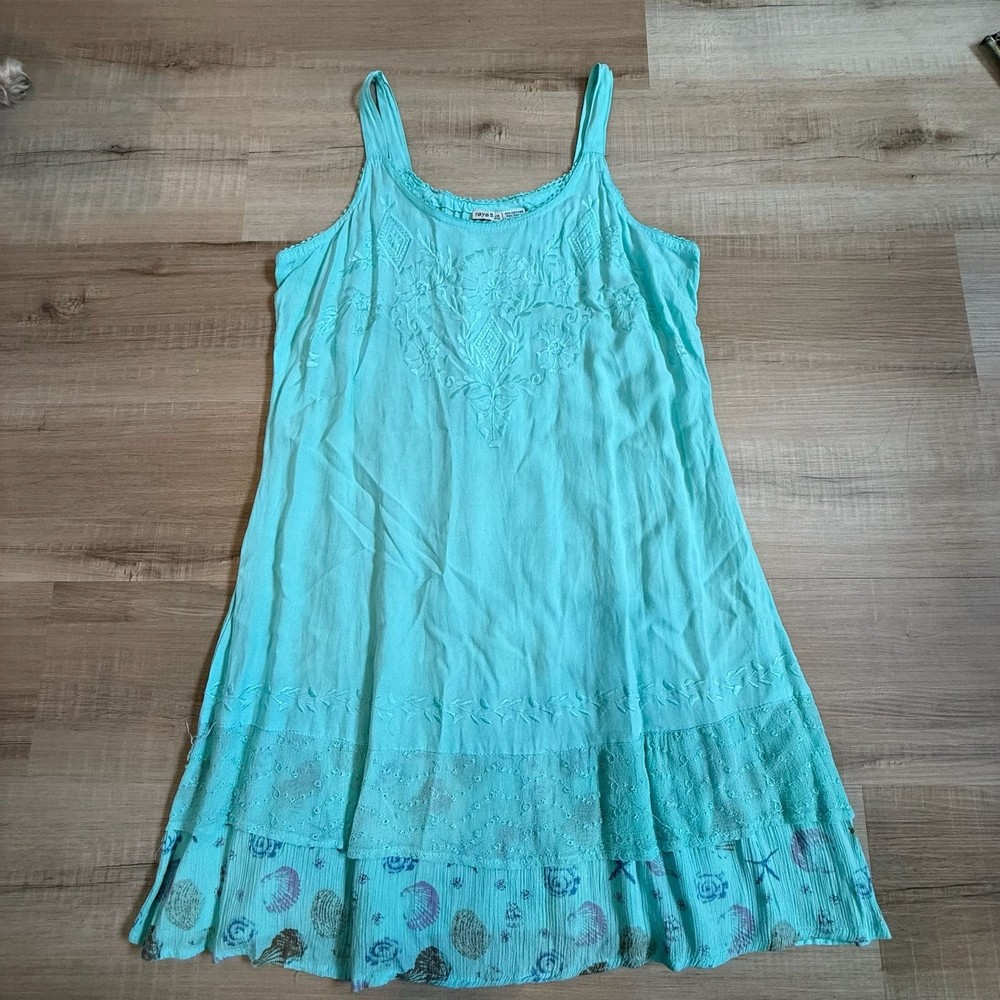 Raya Sun Turquoise Embroidered Sea Shell Print Sleeveless Beach Cover-Up Dress