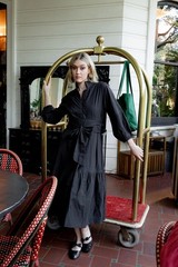 SUE SARTOR Flounce | Black Cotton Travel Dress Size Small RRP $429