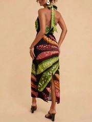 Tropical Leaf Print Halter Midi Dress Resort Vacation Elegance