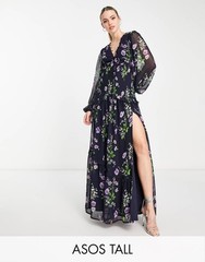 ASOS DESIGN Tall Black Floral Maxi Dress Sheer Open Back US 16