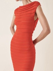 Orange Red Stretch Striped Neiman Knee Length Boat Neck Pencil Dress XXS XS 0 2