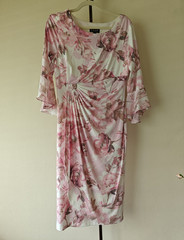 Connected Apparel Pink Floral Sheath Dress 3/4 Bell Sleeve Ruched Size 10