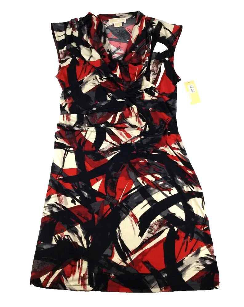Michael Kors Sheath Dress L Ruched Side Sleeveless Cowl Neck Black Red Blaze NWT
