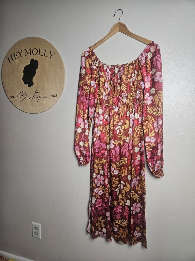NWT Womens XS Floral Maxi Dress With Slit Amd Square Neckline Easter Mothers Day