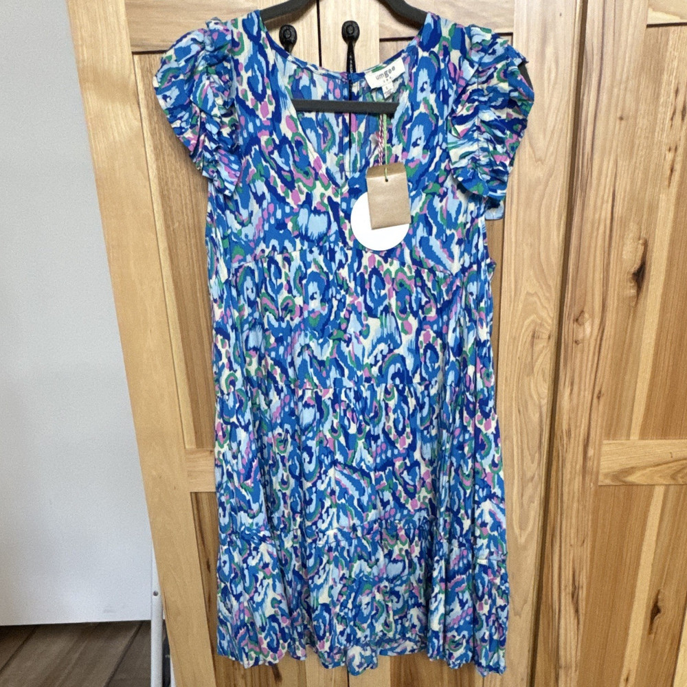 Umgee Blue Pink Green White Abstract Fit & Flare Knee Dress L Ruffle Sleeve