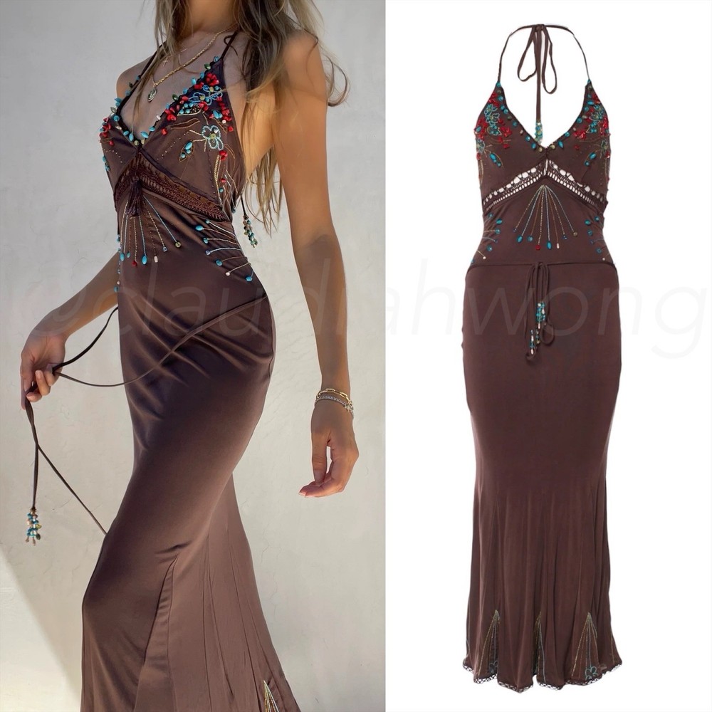 Vintage ROBERTO CAVALLI Class Brown Silk Bead Embellished Halter Slip Dress US10