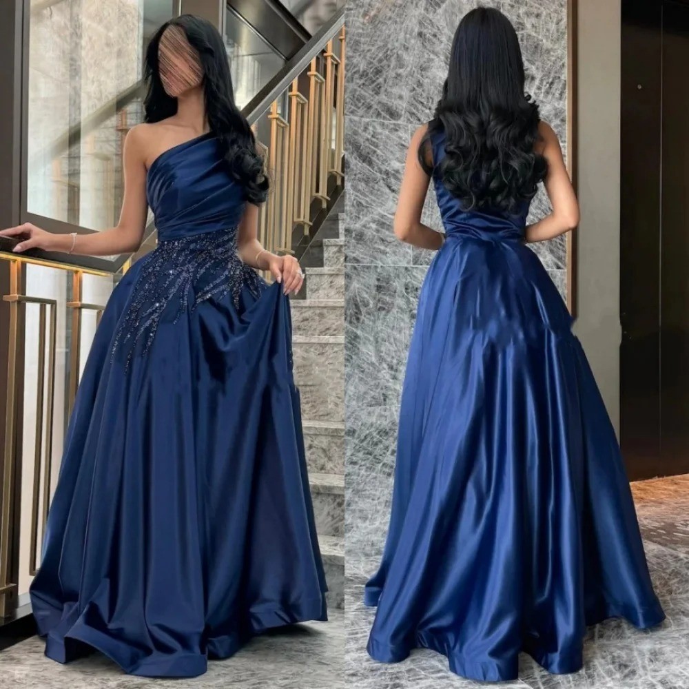 Blue Sloping Shoulder Sequined Evening Gown Taffeta Sleeveless Prom Ball Dress
