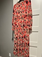 Women&rsquo;s Pink/Red/Green/Black Floral Chiffon Ruffle V-Neck Maxi Dress L