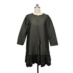 COS Women Dark Olive Green Long Sleeve Ruffle Drop Hem Shift Dress Size 4