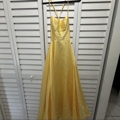 Yellow Satin Strappy Lace-Up Long Gown Dress with High Slit and Square Neck