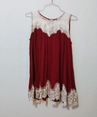 Umgee Red Shift Dress Round Neck Sleeveless Lace Trim Short Size M