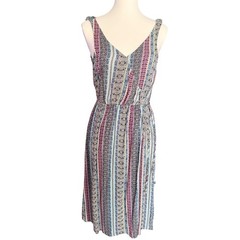 Apricot Pink Blue Paisley Floral Stripe V-Neck Midi Dress UK 10 EUR S NEW