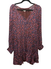 Parker Floral Silk Mini Dress Long Sleeve V-Neck High-Low Ruffle Hem Women&rsquo;s L