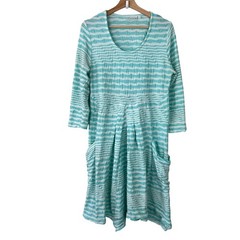 Lulu-B Women&rsquo;s Sz Large Turquoise and White Stripe Dress 3/4 Sleeve Scoop Neck