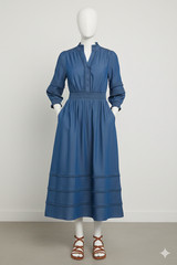 Womens WYSE Cotton Alina Dress Azure Chambray Blue Button Down V Neck RRP £195