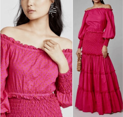 NWOT Alexis Thalssa Off The Shoulder Shirred Maxi Dress Sz M Fuchsia Dot #1H451