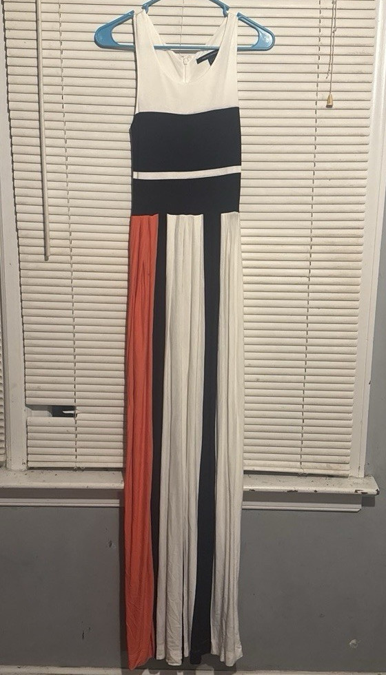 French Connection White Black Orange Colorblock V-Neck Sleeveless Maxi Dress 2