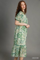 Umgee Green Tiered Floral Print Dress Tie Front Neckline Short Sleeves