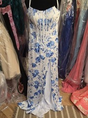 Stacey&rsquo;s Prom Formal White Blue Floral Satin Gown Sweetheart Strapless Sz 6