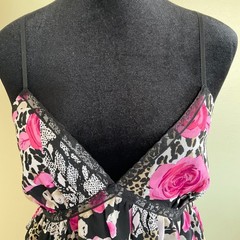 Floral Leopard Patchwork Tiered Ruffle Mini Dress Pink Black Animal Print Lace