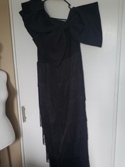 One-Shoulder Black Fringe Evening Dress with Dramatic Bow [COPY]