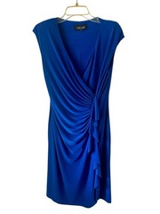 Black Label by Evan Picone Blue Sheath Wrap Dress Ruffle Sleeveless V-Neck 12