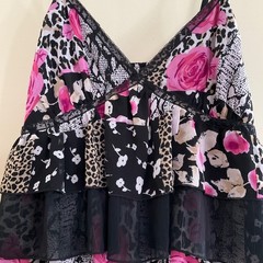Floral Leopard Patchwork Tiered Ruffle Mini Dress Pink Black Animal Print Lace