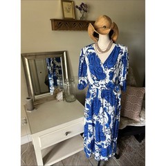 White closet elements white blue boho cottage paisley wrap Midi dress L