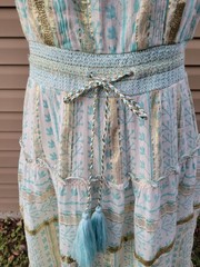 Soft Surroundings Aegean Tiered Maxi Dress Petite M Aqua Cream Gold Metallic