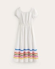 Boden Amber White Cotton Midi Dress, Rainbow Stripe, Smocked Waist, US Size 14R