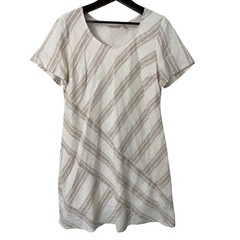 Soft Surroundings Linen Blend Striped Shift Dress White Tan 2EY09 Womens Large
