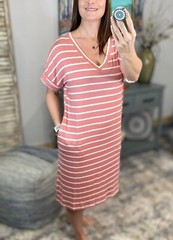 Sexy V Neck Striped Rolled Sleeve Pockets Summer Boxy Tee Shirt Dress Pink