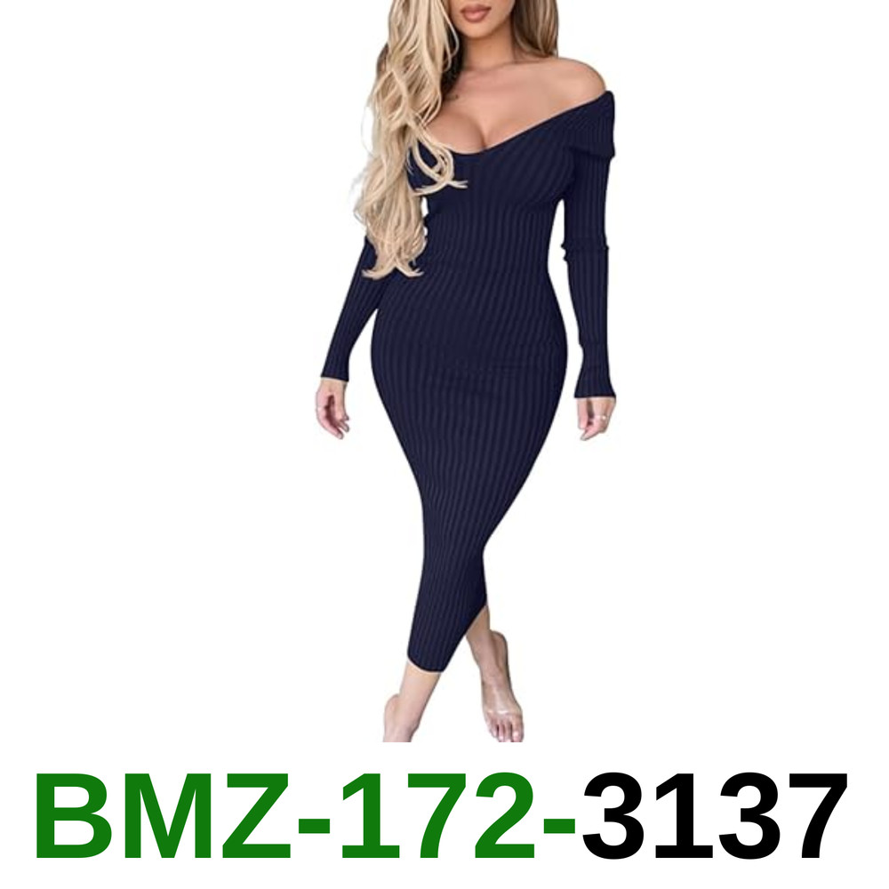 BEAGIMEG Women&rsquo;s Sexy Long Sleeve Off Shoulder Knit Bodycon Dress Navy, Long
