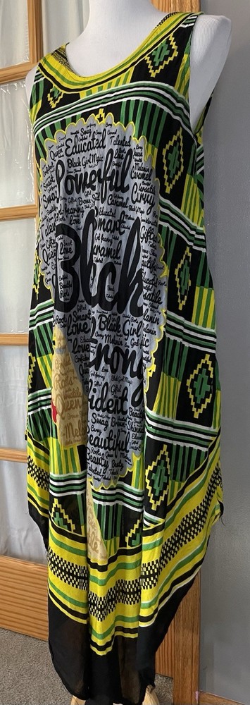 NF Graphic Shift Dress Women’s Free Size Black Yellow Rounded Hem Beach Resort