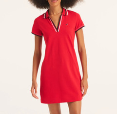 Nautica Women&rsquo;s Solid Stretch Mesh Split Neck Short Sleeve Deck Polo Dress Red