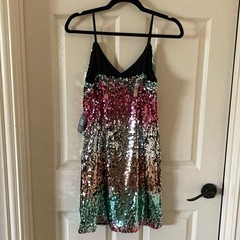 NEW Express Rainbow Multicolor Sequin Adjustable Party Dress ASO Josie Saltzman