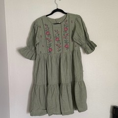 Bombay Paisley Embroidered Cotton Dress M Sage Green Boho Tiered Smock Mini