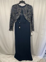 NWT $308 Tadashi Shoji Darya Crepe & Embroidered Lace Gown Blue [SZ 14 ] #G715