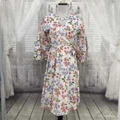 Calvin Klein Size 4 White Pink Blue Bell Sleeve Floral Cotton Wrap Dress New B48